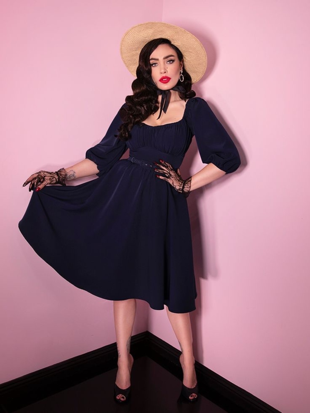 Vixen by Micheline Pitt Navy blue Vacation swing pinup Midi Dress